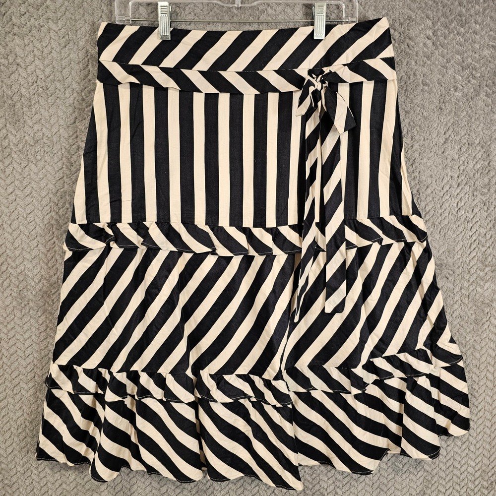 Ann Taylor Loft Striped Tiered Midi Skirt Black Cream Cotton Size 10‎ Side Tie